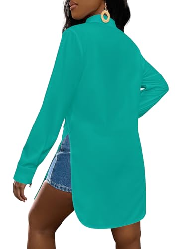 Image of LYANER Women's Collar Neck Long Sleeve Button Down Shirts Sexy Split Hem Tops Long Blouse Shirt Dress