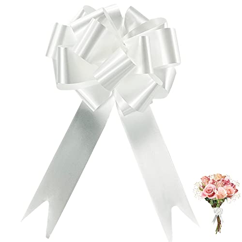 VakiReyy 100Pz Coccarde Matrimonio, Coccarde Fiocco Matrimonio Grandi Coccarde Bianco Autotiranti Fiocchi Matrimonio per Comunione Battesimo Auto Decoro con Palloncino in Lamina Dorata, 12cm