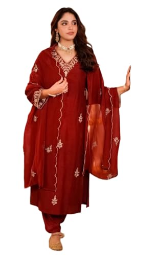 Image of Klosia Women Embroidery Solid Straight Kurta and Pant Set with Dupatta