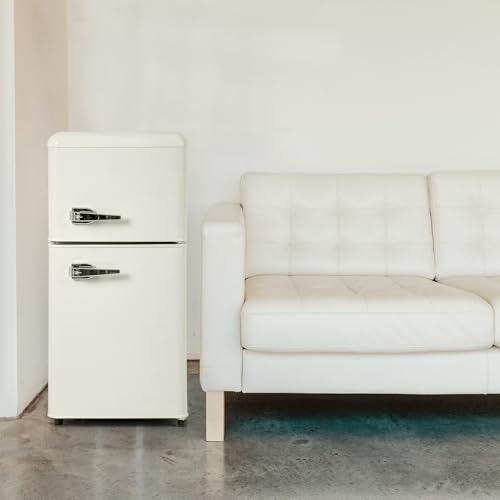 Refrigerador compacto y pequeño con congelador, refrigerador retro de doble puerta con termostato ajustable de 7 niveles para garaje, dormitorio, oficina.,Beige