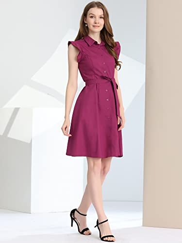 Image of Allegra K Women's Ruffled Sleeve Casual Office Dress Tie Waist Button Down Cotton Shirt Dresses