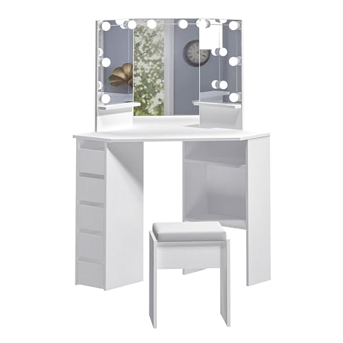 Panana Coiffeuse d'angle avec éclairage LED, table de maquillage avec 5 tiroirs et tabouret, table...