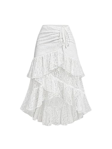 WDIRARA Women's Lace Drawstring Layered Ruffle Midi Skirt Ruched Asymmetrical High Low Skirt