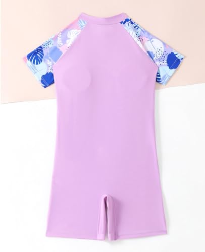 JadeRich Girls One Piece Short Sleeve Boyleg Surfing Suit Half Zip Front Rash Guard Swimsuit for Teenagers2