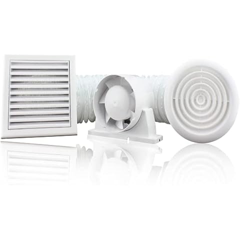 100 mm - 4 inch Diameter Complete Bathroom Fan Kit with Run on Timer Quiet Loft Shower Inline Low Noise Supply Extract Air CE IPX4 Rated Damp Moist Condensation Control Toilet En-Suite Cover