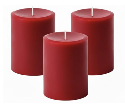 Mister Candle Unscented Red Pillar Candles Set of 3 – Dripless Smokeless 3x4 Inch Candles, Hand Poured Premium Wax, 60 Hour Burn, Solid Color Candles for Holidays, Home Decor, Christmas & Events