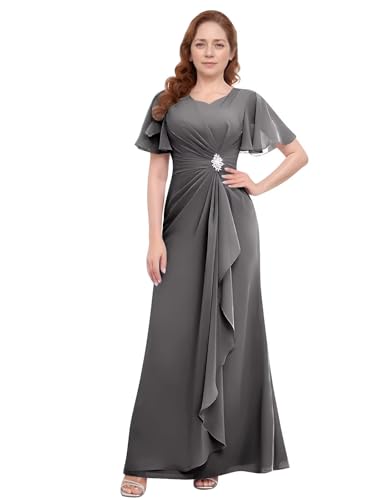 Chiffon Mother of The Bride Dresses for Wedding Long Bridesmaid Dress with Sleeves Ruffle Formal Wedding Guest Dresses