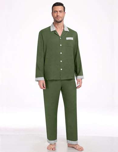 Mens Pajama Set Long Sleeve Sleepwear Classic Button Down Loungewear Soft Sleepwear Pj Set with Pockets S-2XL2
