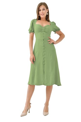 Image of Shasmi Girl's & Women's Solid Midi Dress - Elegant Square Neck Button-Down Dress with Puff Short Sleeves | Stylish Casual & Party & Office Wear Outfit (Dress 105)