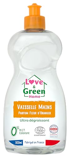 Love & Green Home Liquide Vaisselle mains écologique certifié Dermatest et Ecodétergent par Ecocert. Ultra-dégraissant parfum fleur d'oranger - Fabriqué...