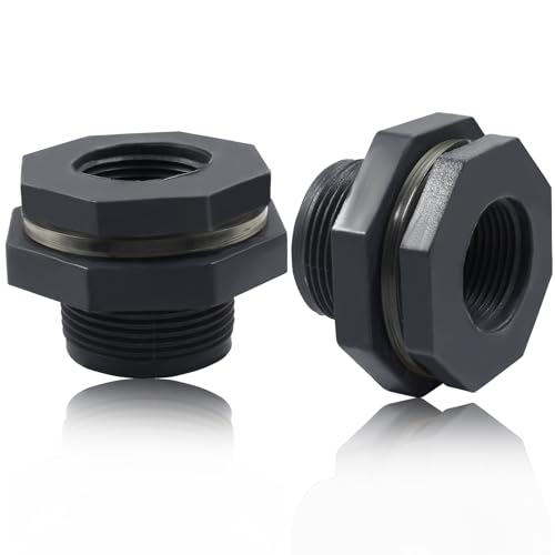 Rierdge 2 Pack 1” PVC Bulkhead Fitting for Rain Barrels, Aquariums - Dark Grey