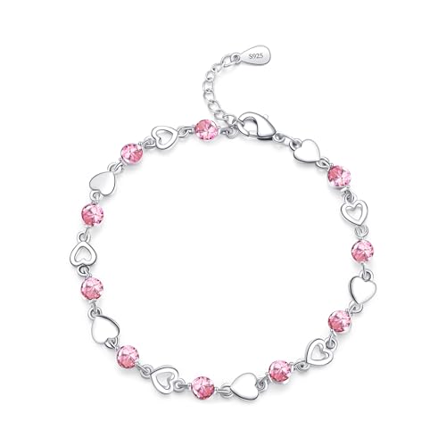 EXGOX Sterling Silver Heart Bracelet - Dainty, Shiny Crystal Diamond, Adjustable Love Heart Bracelet for Women & Girls