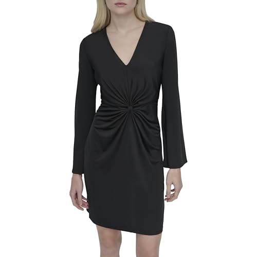 DKNY Women's Long Bell Sleeve V-Neck Twist Front Mini Dress
