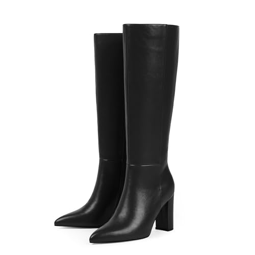 Image of Modatope Knee High Boots Women Pointed Toe Boots Chunky Heel Side Zipper