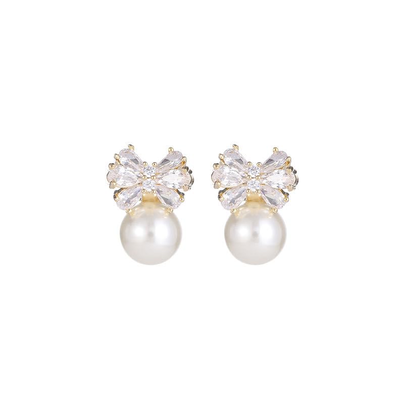 CFWSHJ 14K Gold Moissanit Schleife Perlen Ohrringe, dreidimensionale Schleife Ohrstecker für Frauen Party Night Out, süßer Modeschmuck für Valentinstag Date