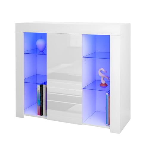 Panana Sideboard Cupboard Unit 4 Glass Shelves Cabinet RGB LED Lighted (White)