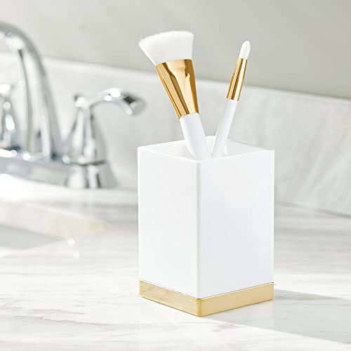 Mdesign Plastic Bathroom Vanity Countertop Organizers - Dispenser Pump, Toothbrush Stand, Storage Jar, Soap Dish; For Cotton Swabs, Toothpaste, Makeup, Lumiere Collection, White/Soft Brass #TOP2