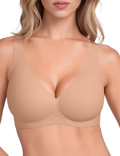 Vertvie 2026 Womens Wireless Jelly Bras Push Up Cup-Engineered Support Deep V Lift Bra Seamless No Underwire T-Shirt Bralette(Praline,36A)