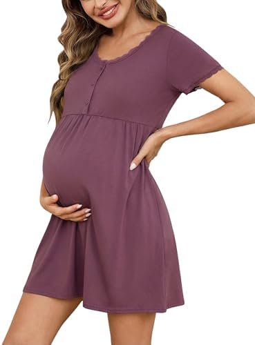 Demegimi Stillnachthemd Damen Kurzarm Baumwolle Geburtskleid Umstandskleid Spitze Umstandsnachthemd mit Knopfleiste Geburt Knöpfen Schlafshirt
