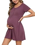 Demegimi Stillnachthemd Damen Kurzarm Baumwolle Geburtskleid Umstandskleid Spitze Umstandsnachthemd mit Knopfleiste Geburt Knöpfen Schlafshirt