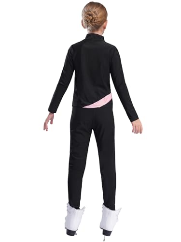 JEATHA Kids Girls Ice Skating Outfit 2-Piece Gym Training Suit Figure Skating Spiral Jacket Tights Pants Set2