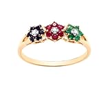 Old English Jewellers 9ct Yellow Gold Emerald Ruby Sapphire & Diamond Triple Cluster Ring size J K L M N O P Q R S (R)