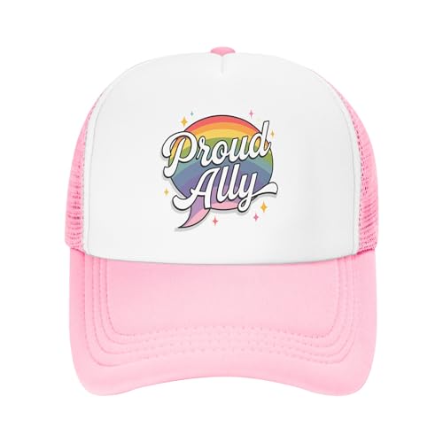 Proud Ally Trucker Hat LGBTQ Trans Gay Lesbian Rainbow Pride Kids Hats Adjustable Mesh Baseball Cap - Pink