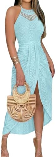 CHICME Womens Summer Halter Dress Hollow Out A Line Vacation Dresses with Eyelet Embroidery & Side Slit — Light Blue