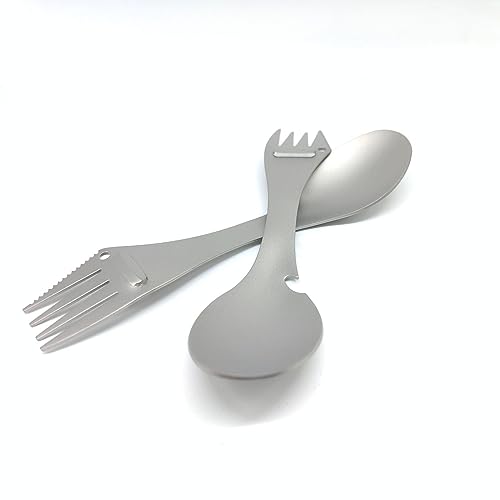 RISON Titanium Spork Multi-Function Spork 5-in-1 Spoon Fork Knife Can Bottle Opener Combo Portable Titanium Utensils for Outdoor Picnic Hiking Fishing Boating BBQ Travel Camping (2, Titanium Silver)