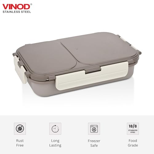 Image of Vinod GO-Tiffin Stainless Steel 2 Compartment Insulated Lunch Box | Grey | Leaf-Proof, Vacuum Sealed & Air Tight | Tiffin Box for Office, Kids & Adults | Freezer Safe | with Safety Lock