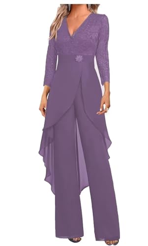 Mother of The Bride Pant Suits 2 Pieces Outfit Set Formal Dresses Chiffon Formal Jumpsuits Outfit with V Neck Lace Appliques