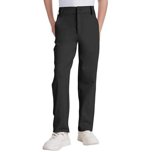 Dreammonkey Toddler to Youth Boys Golf Pants Quick Dry Stretch Performance Dress Pants | School Uniform Flat Front Slacks (Black 14 Years)