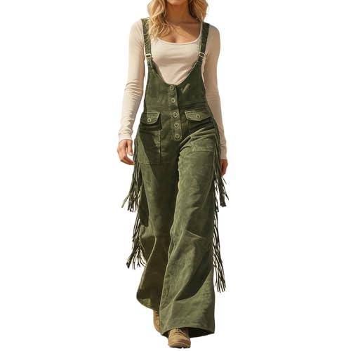 Image of Womens Suede Fringe Sexy Cowgirl Jumpsuits Country Concert Western Cargo Overalls High Waisted Romper Vintage Outfit