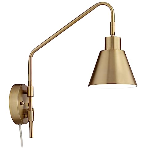 Image of 360 Lighting Marybel Modern Adjustable Swing Arm Wall Lamps Set of 2 Brass Gold Plug-in Light Fixture Tapered Cone Metal Shade for Bedroom Bedside House Reading Living Room Home Hallway