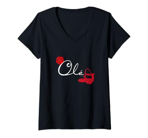 Mujer Zapatos de Bailarina Olé Lunares y Abanico Rojo Baile Camiseta Cuello V