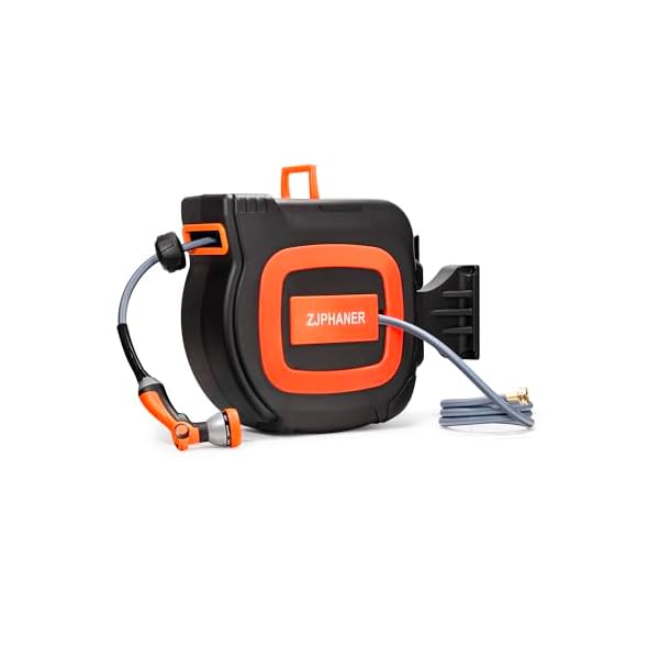 1/2 inch 100FT Retractable Garden Hose Reel, Handheld & Wall-mounted with Drainage Holes/10-Mode Spray Nozzle/Any Length Lock/180° Swivel Bracket for Watering Plants, Washing Car/Floor/Window (Orange)