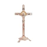 RZRHMUHN Crucifijo católico chapado en oro de 10.6 pulgadas con base desmontable, crucifijo de San Benito, cruz de metal para hogar, oficina, iglesia, decoración religiosa de cobre (cobre)