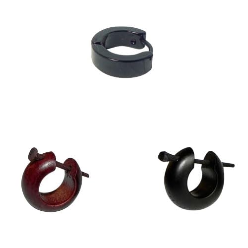 DENI 3 pendientes diferentes para hombre, 1 aro de madera color negro, 1 aro de madera color marron y 1 aro color negro.