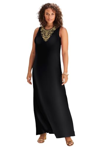 Roaman's Women's Plus Size Sleeveless Crew Neck Maxi Dress - 14/16, Black  Gold Scroll at Amazon Women's Clothing store
