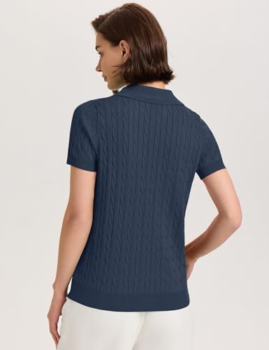 Image of Micoson Womens Short Sleeve Sweater Tops Lapel V Neck Polo Shirts 2026 Summer Cable Knit Loose Blouse Business Casual Outfits