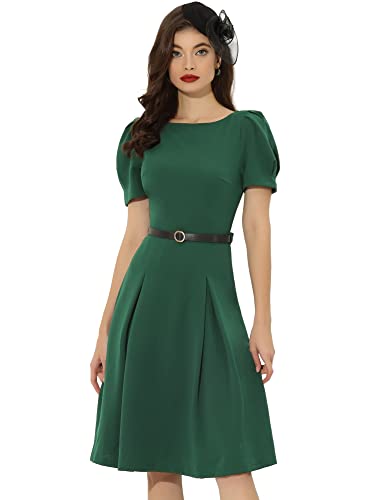 Allegra K Women's Elegant Work Dress Belted Boat Neck Short Sleeve Dresses