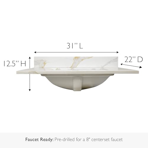 Image of Design House Calesco Calacatta Quartz Bathroom Vanity Top, White with Taupe and Grey Veining, Pre-Mounted White Bowl, 31 in L x 22 in W x 12.5 in H, with Backsplash, 4 in Center Set, 227900-CC-CC