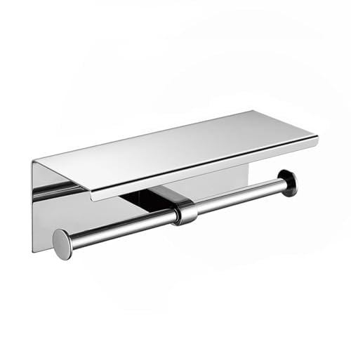 Double Toilet Paper Holder,Stainless Steel Toilet Tissue Roll Holder with Shelf,Toilet Paper Holder Wall Mount for Bathroom Cell Phone Rack,Brushed Silver