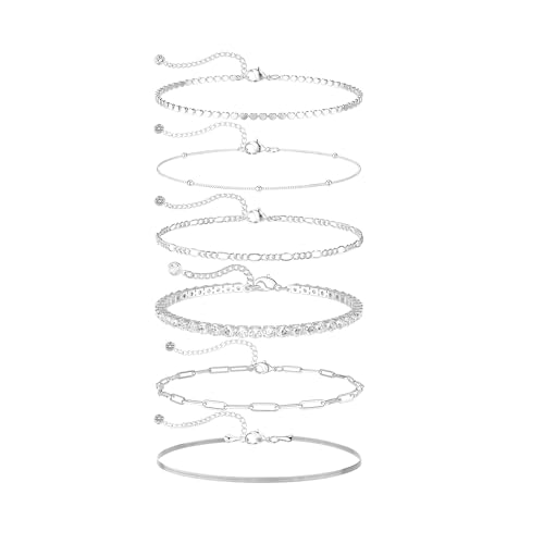 DEARMAY Dainty Silver Plated Chain Bracelet Set for Womens Trendy Waterproof Silver Plated Jewelry Fashion Stackable Box Cuban Figaro Herringbone Link Bracelets Pack Stack Gifts for Women