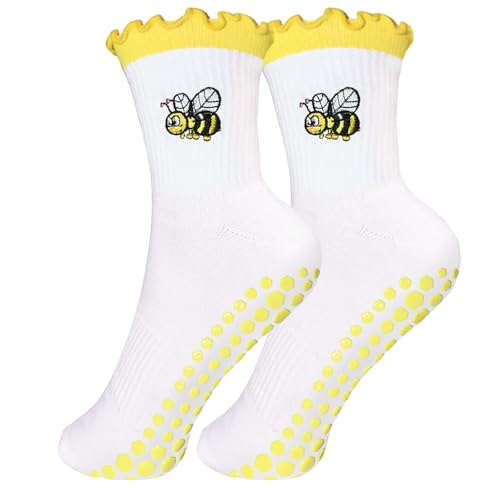 wotemlur Women's Pilates Non-slip Yoga Socks Cherry, Lemon, bow，Fitness Ballet Sports Slipper Socks (YG - Bee)