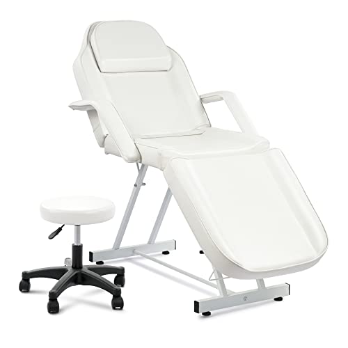 VONLUCE Beauty Bed Adjustable Multiple Level Steel Frame 3 Section Leather Massage Bed 150kgs/330lbs Max Weight Capacity Detachable Armrest & Headrest Massage Table Beauty Table White