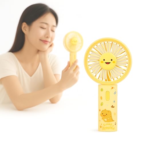 Image of WISHKEY Portable Handheld Mini Fan Cute Dragon Print- USB /Battery Rechargeable, High-Speed Cooling for Travel, Office & Outdoor Use,Rechargeable Fan with 3 Speed Modes- Yellow