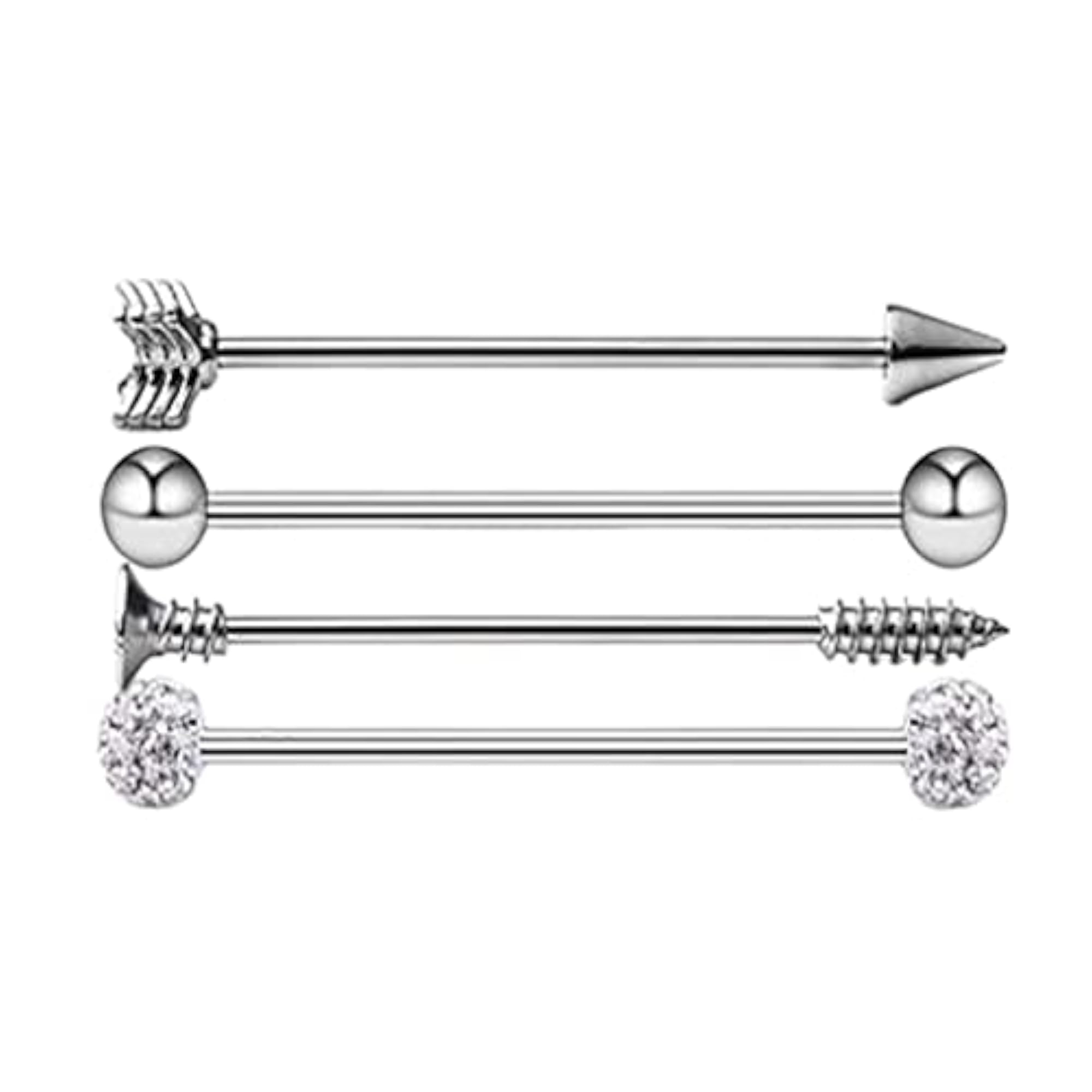 4pc Stainless Steel Industrial Barbell Earrings Set, Silver
