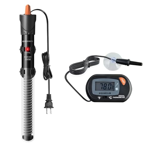 HiTauing Aquarium Heater 25W/50W/100W/200W/300W Adjustable Knob Fish Tank Heater with Digital Thermometer Submersible Betta/Turtle Tank Heater for Freshwater and Saltwater Tanks