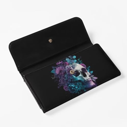 Image of AFPANQZ Women Soft Leather RFID Blocking Bifold Slim Wallets Skull Flower Pattern Ladies Credit Card Holder wtih Pocket, Credit Card Holder
